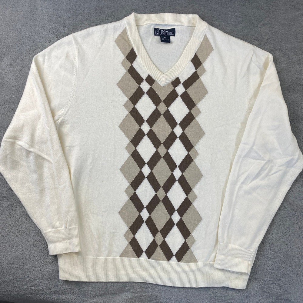 PGA Tour Sweater Mens‎ M White Brown Argyle V-Neck 100% Cotton Long Sleeve Golf